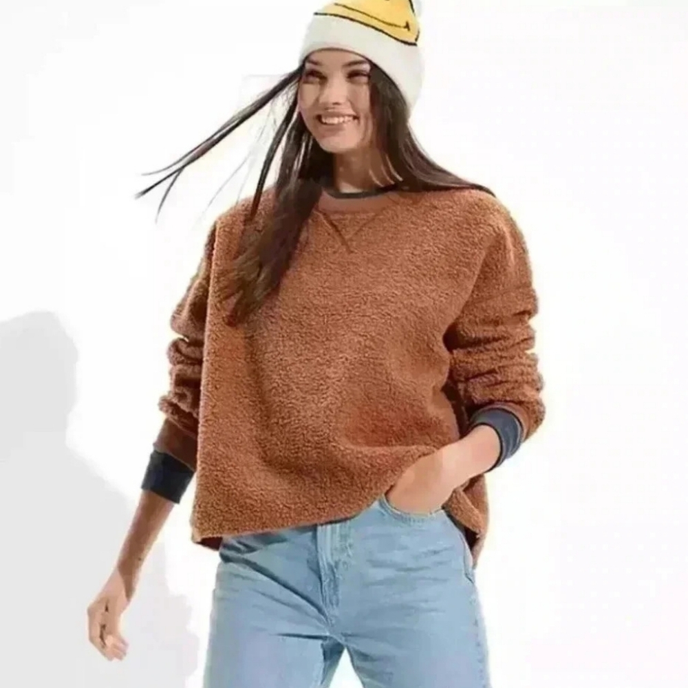 New American Eagle Brown Cozy Sherpa Raw Edge Oversized Sweatshirt Medium